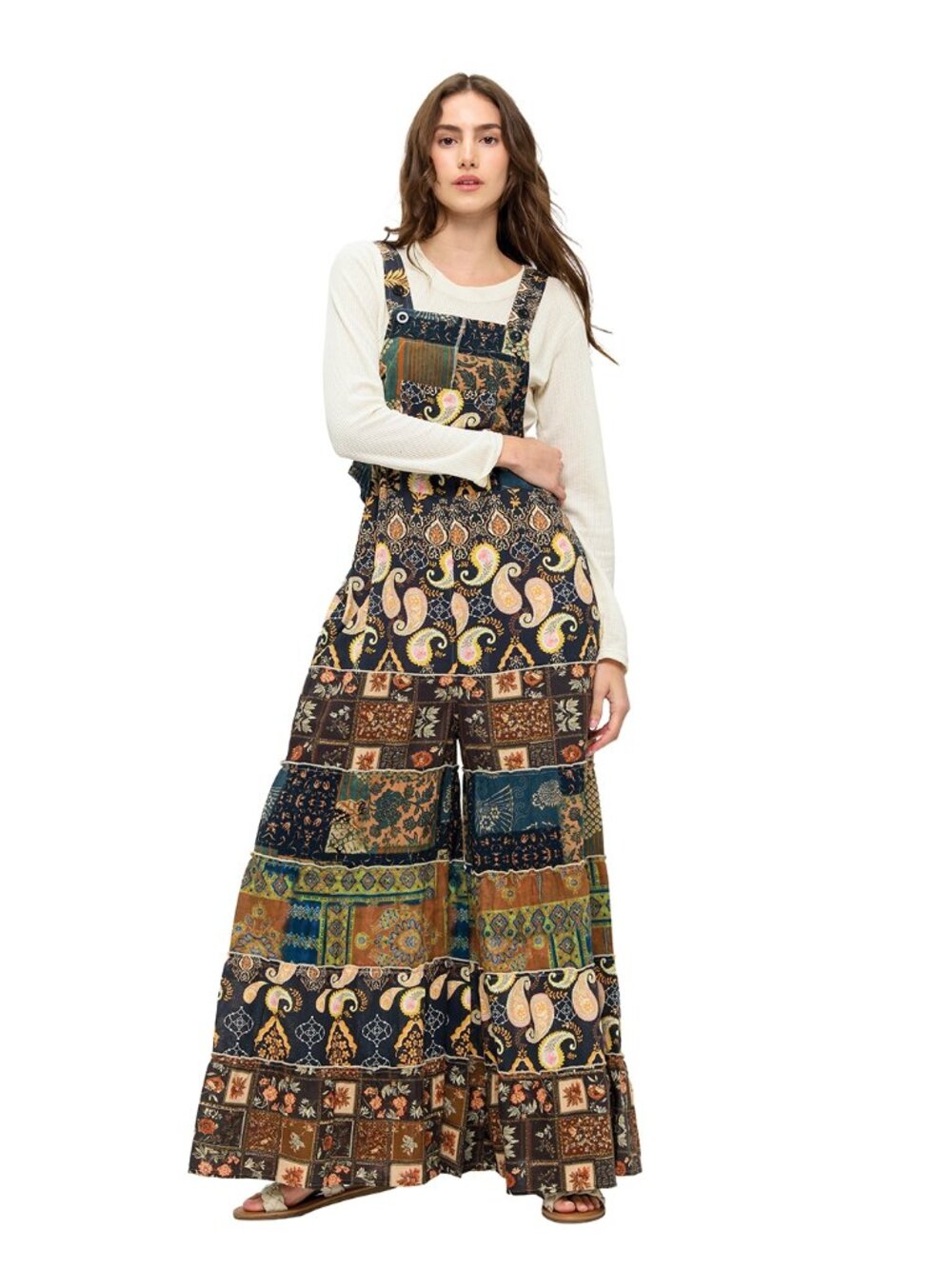 YAK & YETI Boho Floral Paisley Wide Leg Overalls Jumpsuit S/M L/XL🛍️